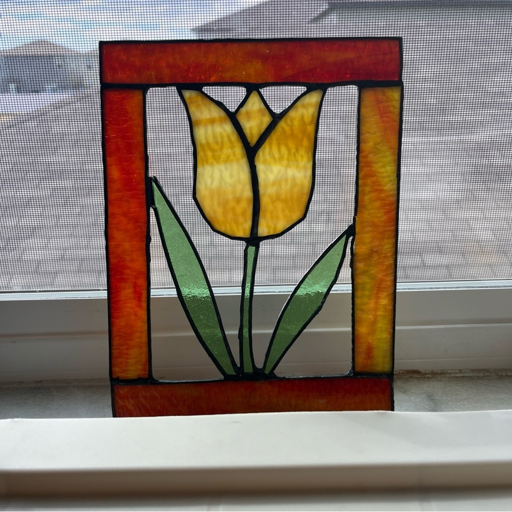 Vintage Stained Glass Tulip Panel - Yellow,Green, Orange 9x7 inches